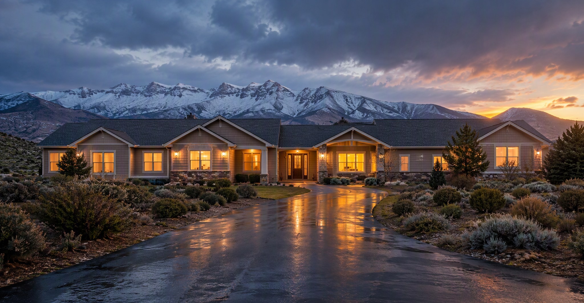 Elko ranch home at dusk below the Ruby Mountains after a storm